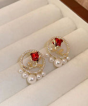 Load image into Gallery viewer, Elegant Red Copper Zircon Pearl Rose Stud Earrings