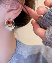 Load image into Gallery viewer, Elegant Red Copper Zircon Pearl Rose Stud Earrings