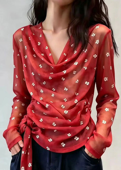 Elegant Red Cowl Neck Lace Up Sheer Shirt Long Sleeve