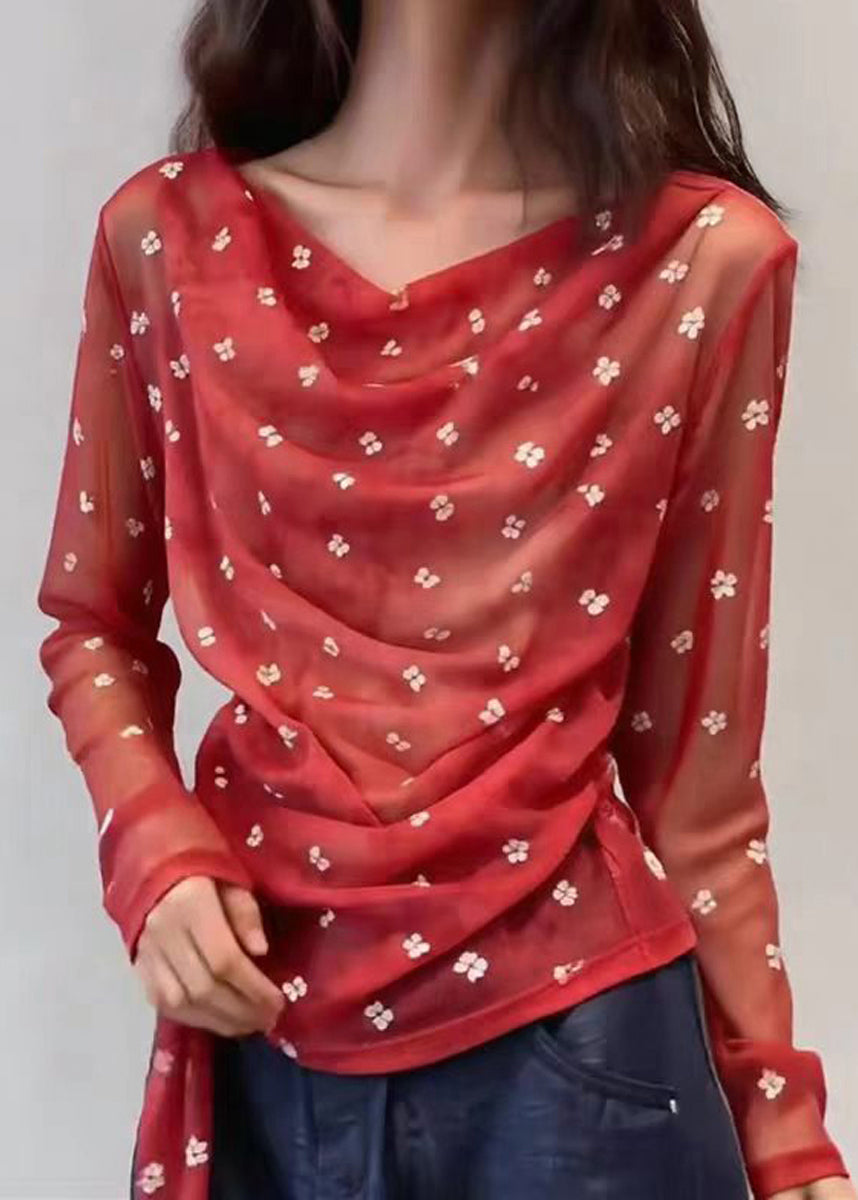 Elegant Red Cowl Neck Lace Up Sheer Shirt Long Sleeve