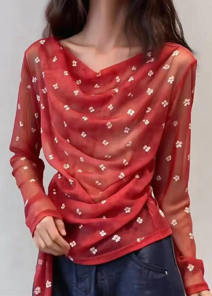 Elegant Red Cowl Neck Lace Up Sheer Shirt Long Sleeve