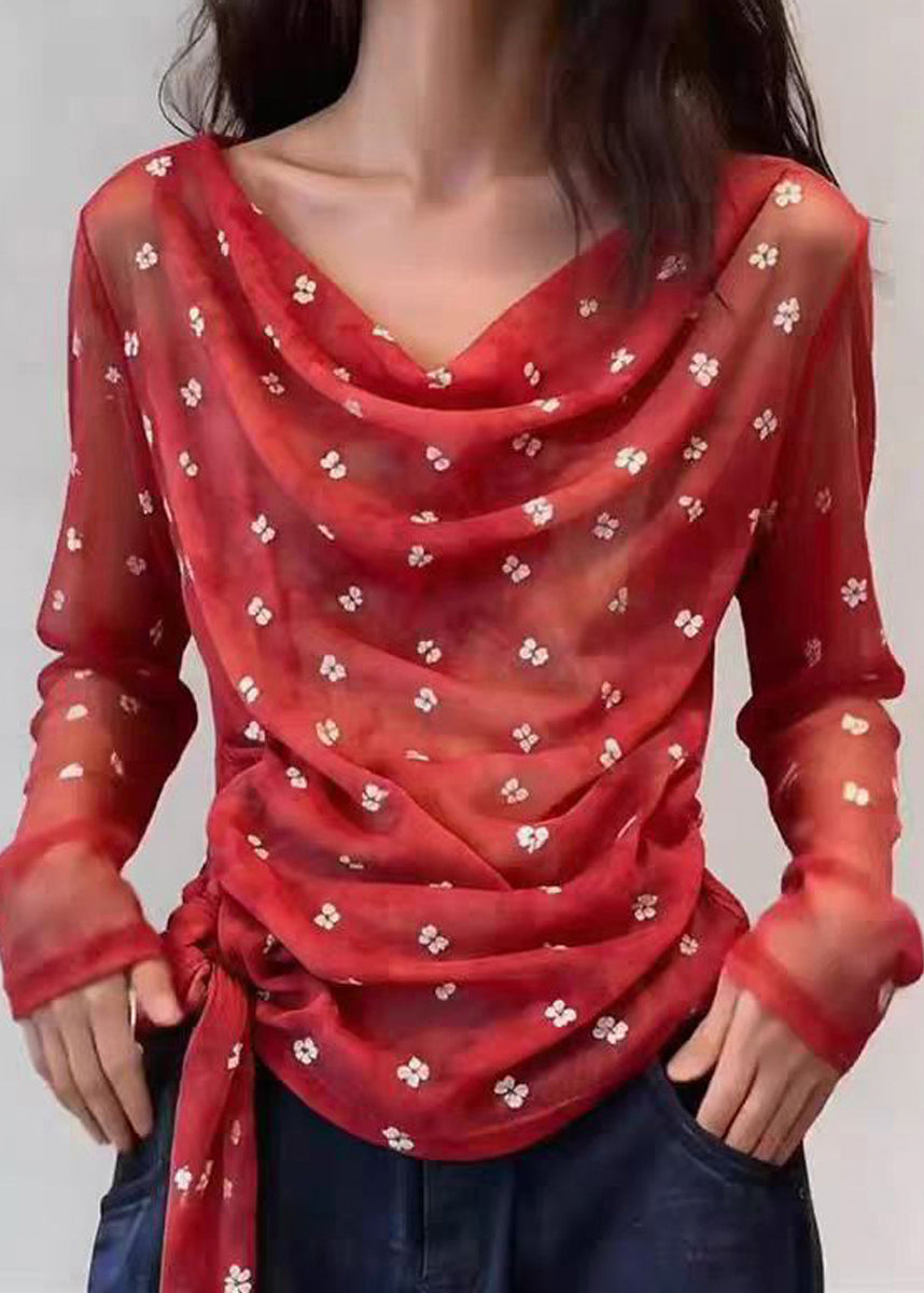 Elegant Red Cowl Neck Lace Up Sheer Shirt Long Sleeve