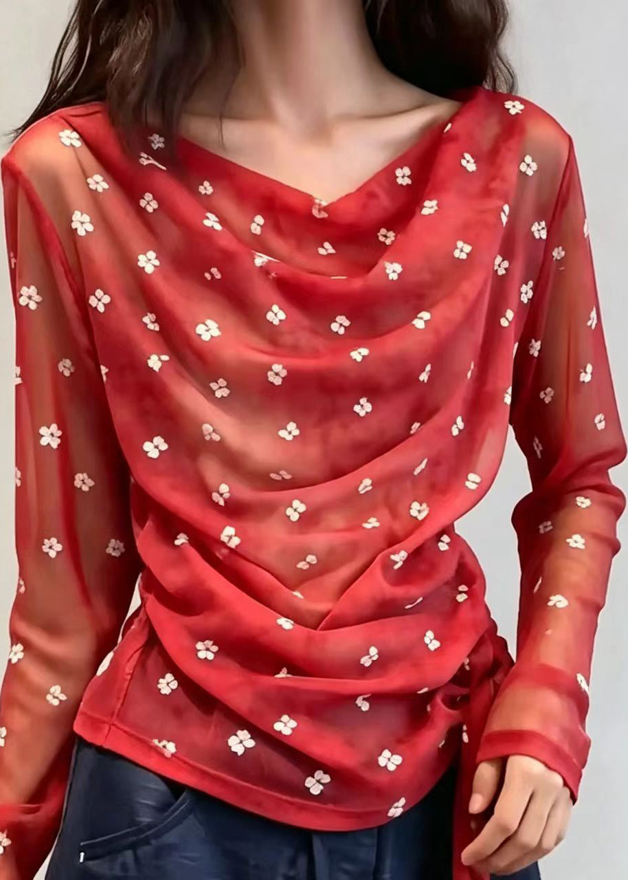 Elegant Red Cowl Neck Lace Up Sheer Shirt Long Sleeve
