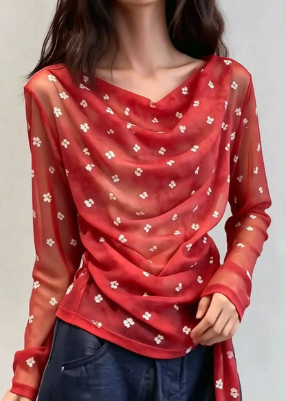 Elegant Red Cowl Neck Lace Up Sheer Shirt Long Sleeve