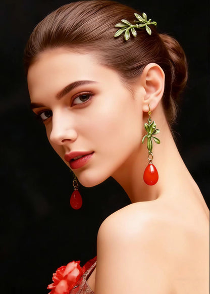 Elegant Red Droplet Shape Coral Drop Earrings