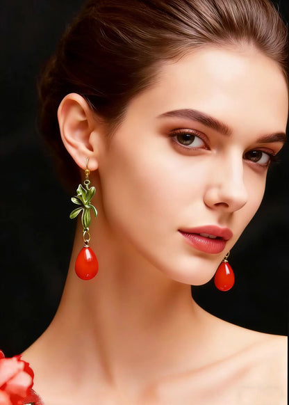 Elegant Red Droplet Shape Coral Drop Earrings