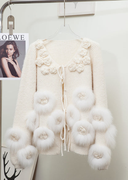 Elegant Red Floral Decorated Patchwork Fox Fur Knit Cardigan Winter