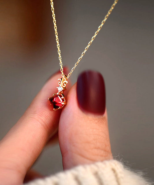 Elegant Red Garnet Adjustable 14K Gold Pendant Necklace