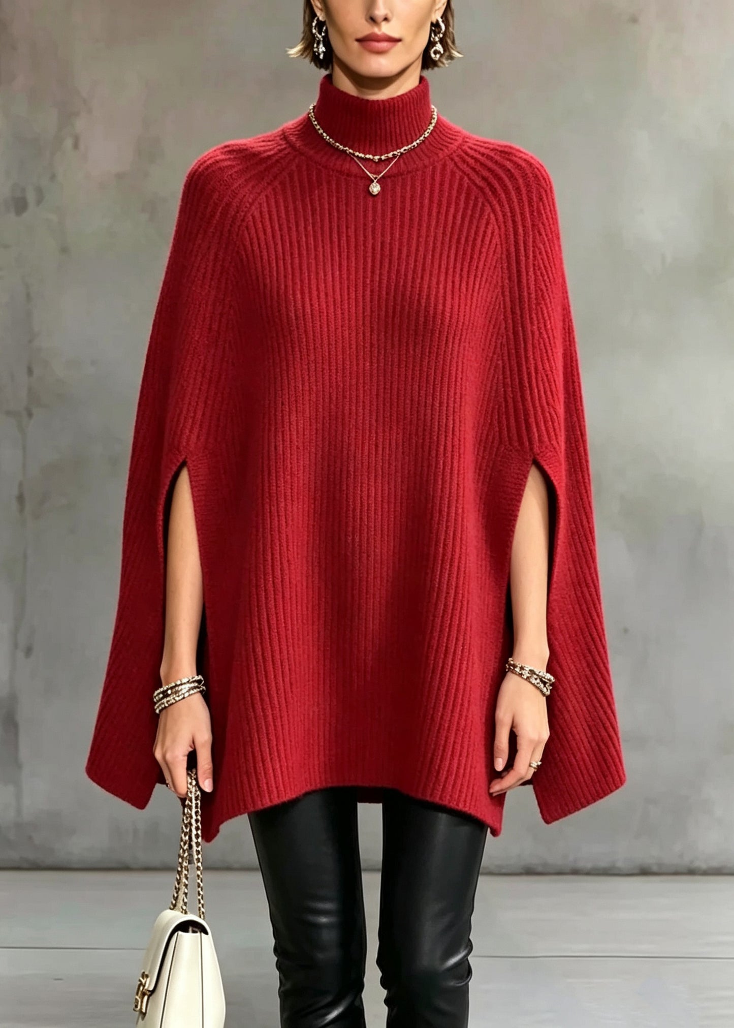 Elegant Red Half Hign Neck Thick Knit Sweater Cape Fall