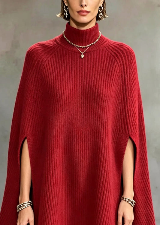 Elegant Red Half Hign Neck Thick Knit Sweater Cape Fall