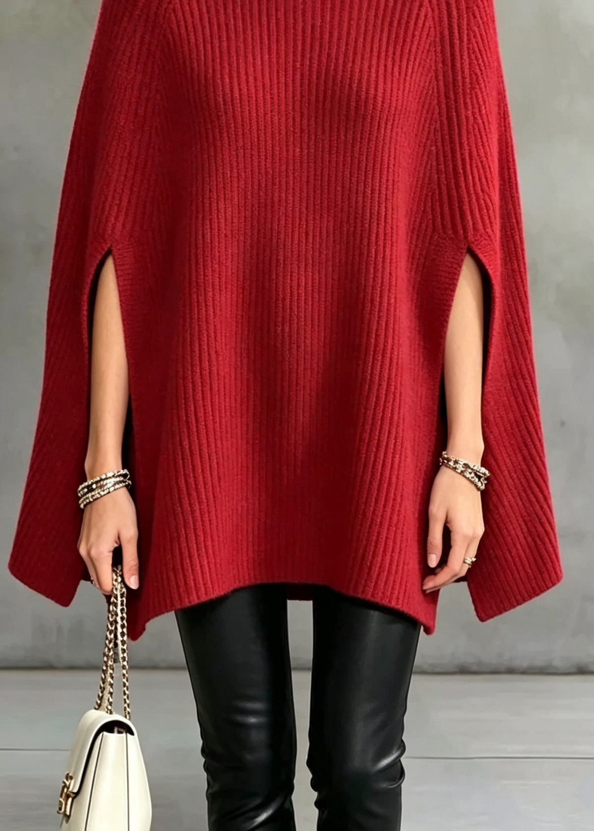 Elegant Red Half Hign Neck Thick Knit Sweater Cape Fall