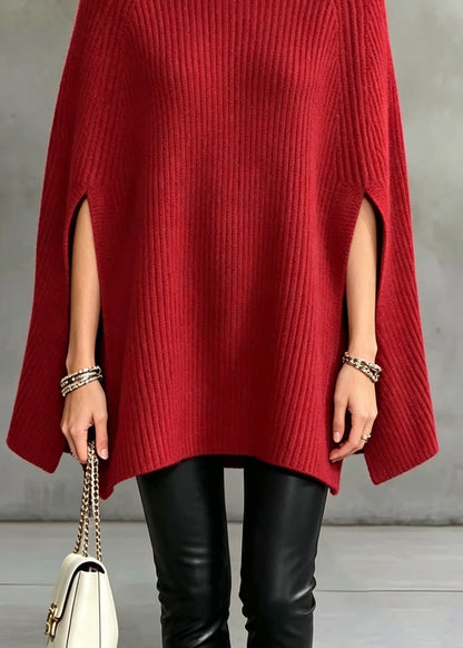 Elegant Red Half Hign Neck Thick Knit Sweater Cape Fall