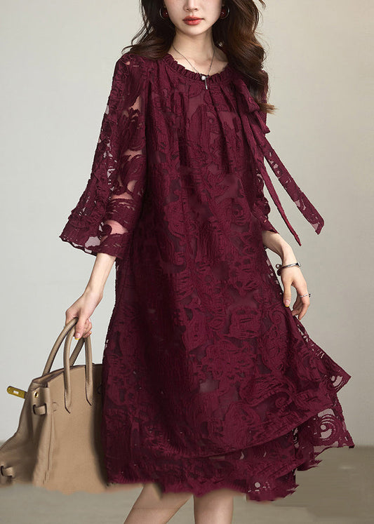 Elegant Red O-Neck Floral Chiffon Maxi Dress Fall