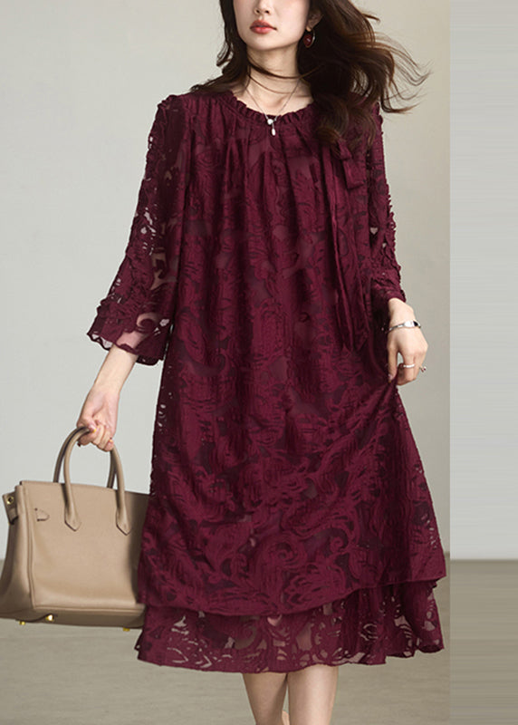Elegant Red O-Neck Floral Chiffon Maxi Dress Fall