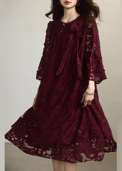 Elegant Red O-Neck Floral Chiffon Maxi Dress Fall