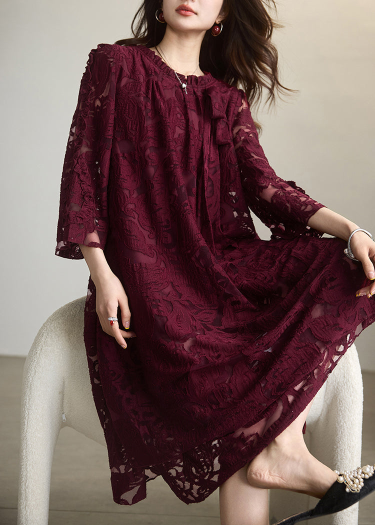 Elegant Red O-Neck Floral Chiffon Maxi Dress Fall