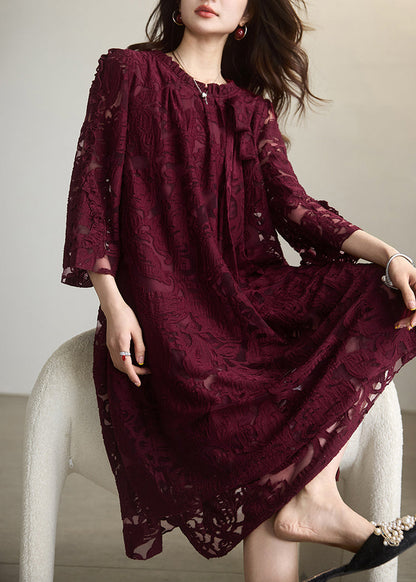 Elegant Red O-Neck Floral Chiffon Maxi Dress Fall