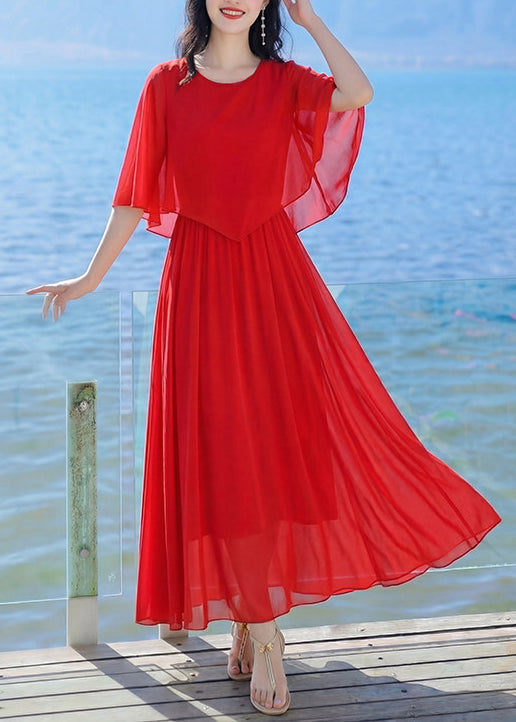 Elegant Red O Neck Patchwork Chiffon Robe Dresses Summer