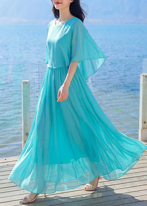 Elegant Red O Neck Patchwork Chiffon Robe Dresses Summer