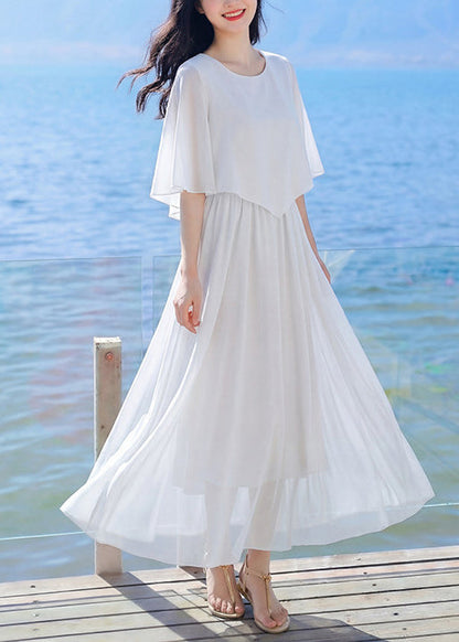 Elegant Red O Neck Patchwork Chiffon Robe Dresses Summer