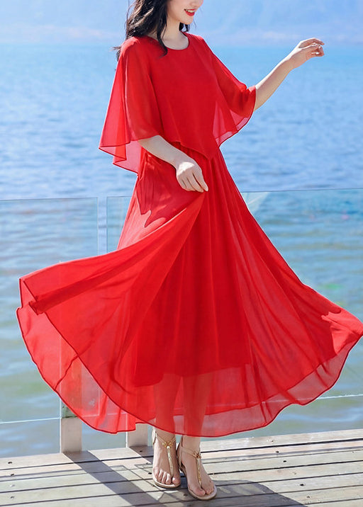 Elegant Red O Neck Patchwork Chiffon Robe Dresses Summer
