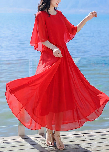 Elegant Red O Neck Patchwork Chiffon Robe Dresses Summer