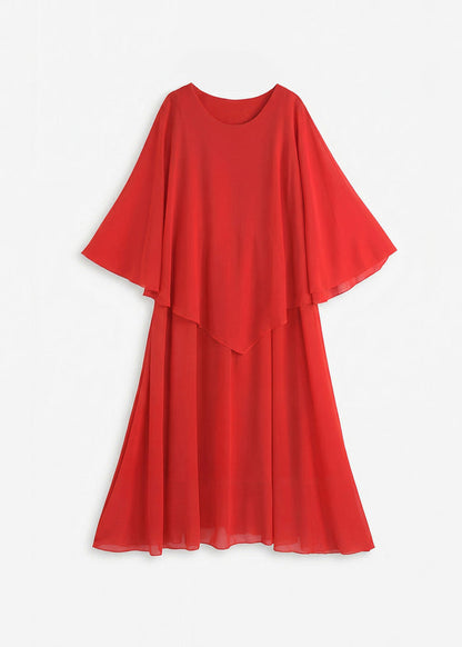Elegant Red O Neck Patchwork Chiffon Robe Dresses Summer