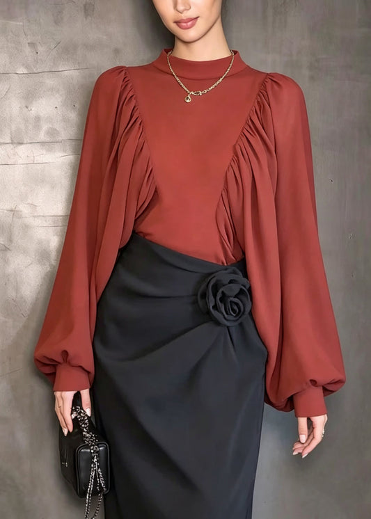 Elegant Red O Neck Patchwork Chiffon Shirt Top Lantern Sleeve