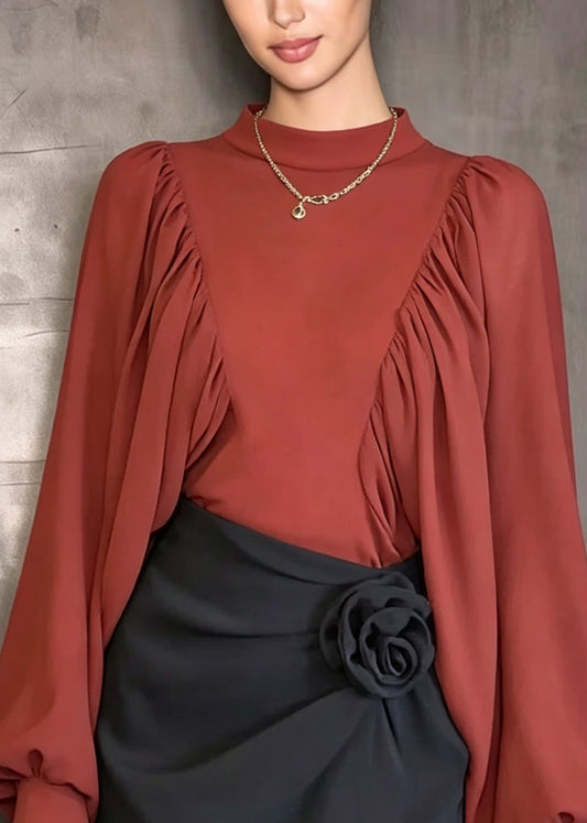 Elegant Red O Neck Patchwork Chiffon Shirt Top Lantern Sleeve