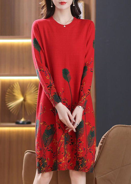 Elegant Red O Neck Print Knit Sweater Dress Spring