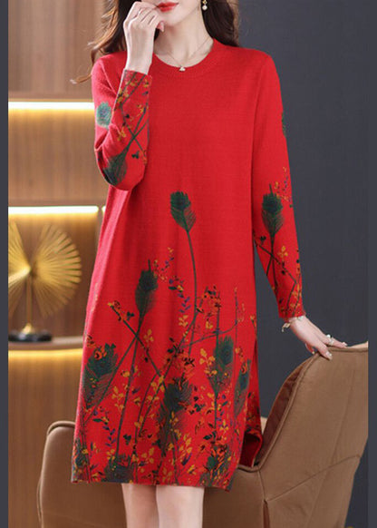 Elegant Red O Neck Print Knit Sweater Dress Spring