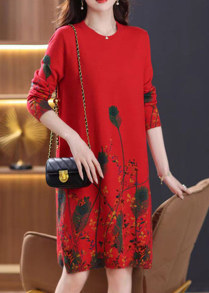 Elegant Red O Neck Print Knit Sweater Dress Spring
