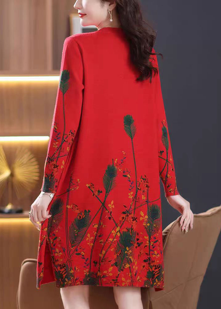 Elegant Red O Neck Print Knit Sweater Dress Spring