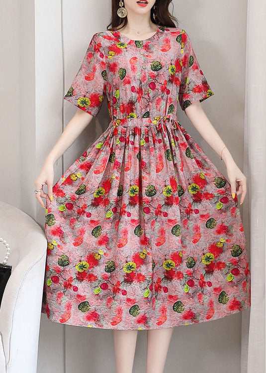 Elegant Red O-Neck Print 2025 Linen Cinch Dresses Short Sleeve