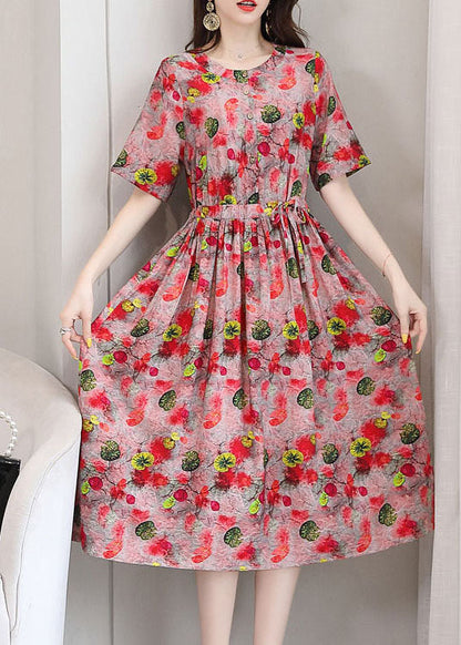 Elegant Red O-Neck Print 2025 Linen Cinch Dresses Short Sleeve
