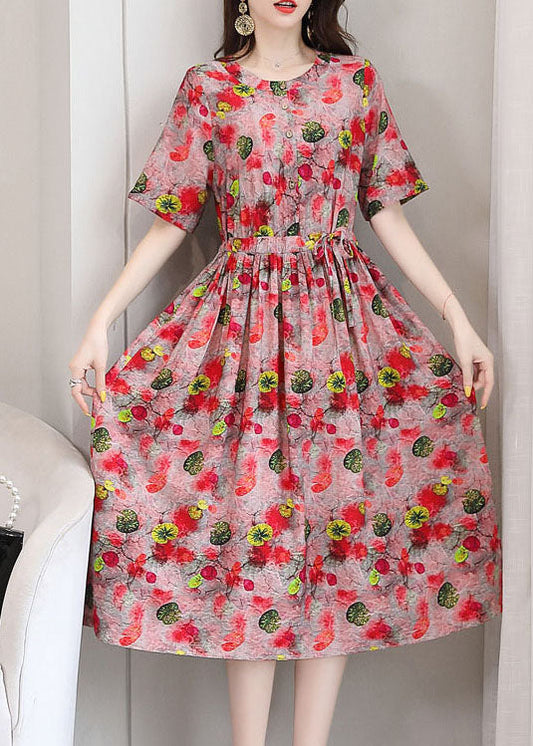 Elegant Red O-Neck Print 2025 Linen Cinch Dresses Short Sleeve