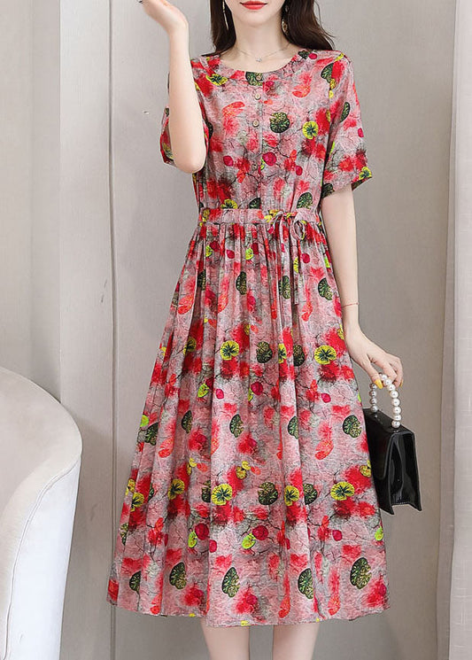 Elegant Red O-Neck Print 2025 Linen Cinch Dresses Short Sleeve