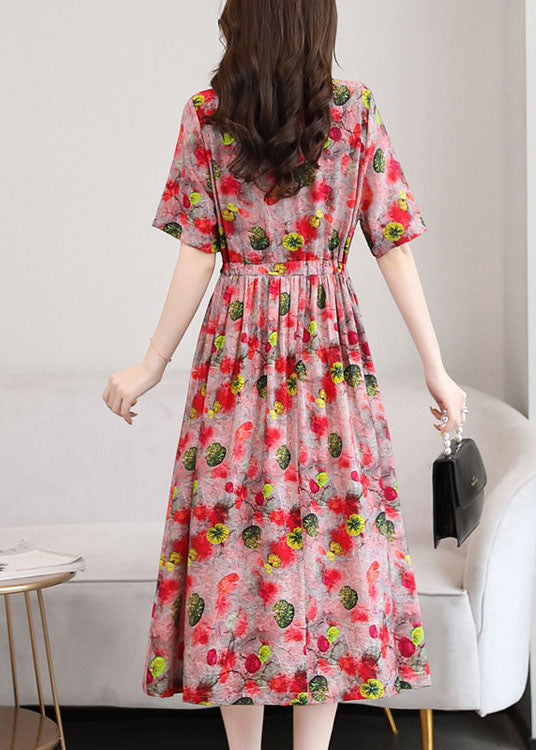 Elegant Red O-Neck Print 2025 Linen Cinch Dresses Short Sleeve