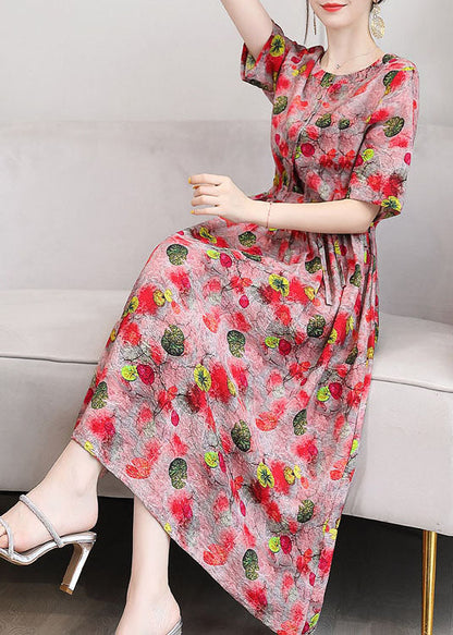 Elegant Red O-Neck Print 2025 Linen Cinch Dresses Short Sleeve