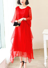 Load image into Gallery viewer, Elegant Red O-Neck Solid Ice Silk Long Dress Flare Sleeve