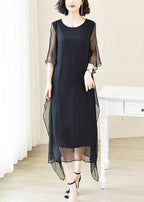 Elegant Red O-Neck Solid Ice Silk Long Dress Flare Sleeve