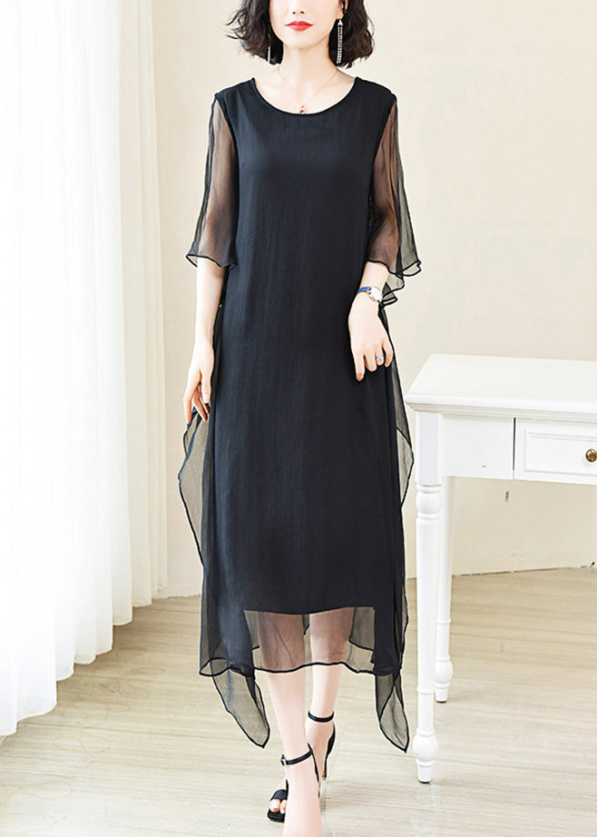 Elegant Red O-Neck Solid Ice Silk Long Dress Flare Sleeve