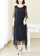 Load image into Gallery viewer, Elegant Red O-Neck Solid Ice Silk Long Dress Flare Sleeve