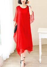 Load image into Gallery viewer, Elegant Red O-Neck Solid Ice Silk Long Dress Flare Sleeve