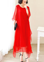 Load image into Gallery viewer, Elegant Red O-Neck Solid Ice Silk Long Dress Flare Sleeve