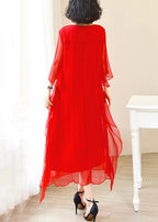 Elegant Red O-Neck Solid Ice Silk Long Dress Flare Sleeve