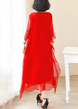 Load image into Gallery viewer, Elegant Red O-Neck Solid Ice Silk Long Dress Flare Sleeve