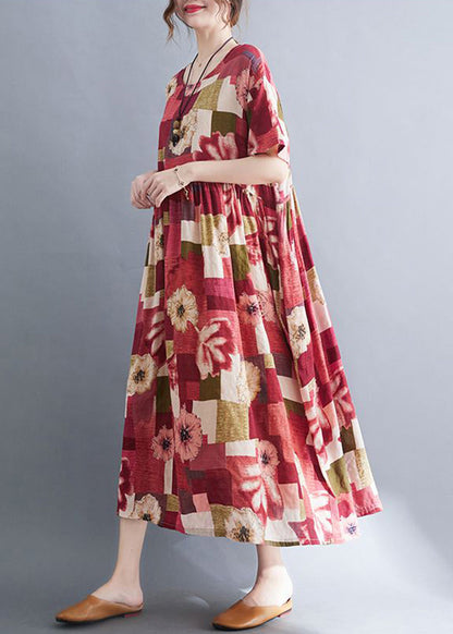 Elegant Red Oversized Print Pockets Cotton A Line Dress Summer