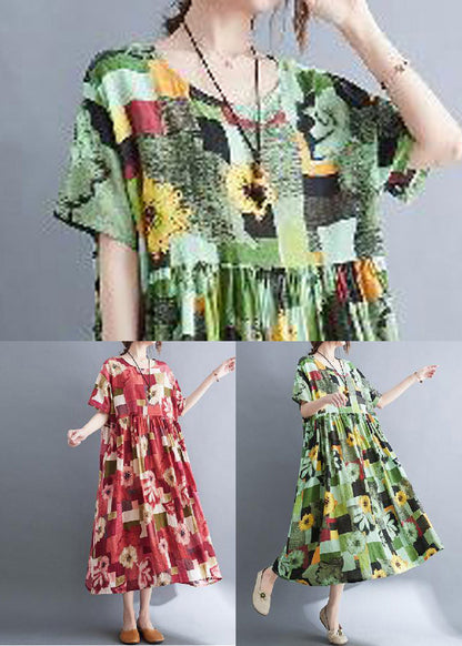 Elegant Red Oversized Print Pockets Cotton A Line Dress Summer