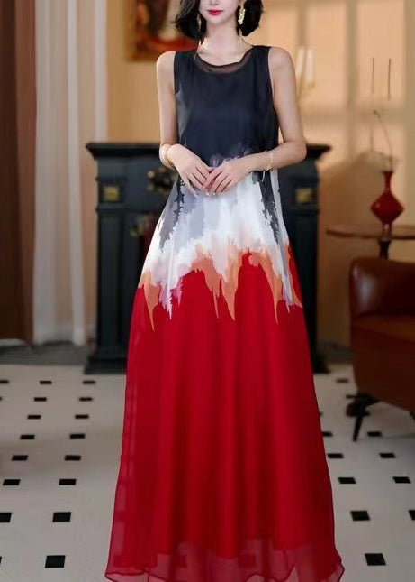 Elegant Red Oversized Tie Dye Chiffon A Line Dress Sleeveless